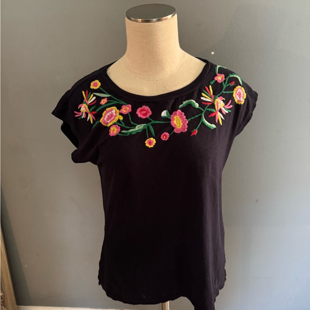Talbots Dark Navy  Tee with Colorful Floral Embroidery